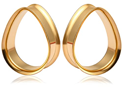 Vankula Ohr Tunnel 1 Paar Double Flared Flesh Plugs Tropfenform Edelstahl für männer damen Ohrpiercing Schmuck 16mm(5/8) Gold