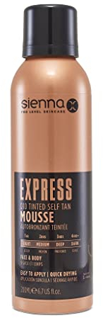 Sienna X Express Q10 Self Tan Mousse 200ml. Quick Drying Formula Enriched With Vitamin E. Fake Tan for Face and Body