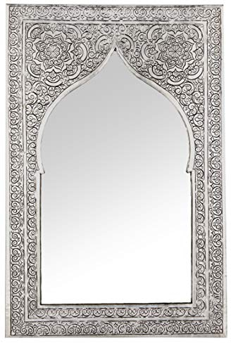 Orient Malika Miroir mural 40 cm en laiton argenté | Miroir de couloir marocain avec cadre en laiton décoré | Miroir de salle de bain vintage oriental sans éclairage