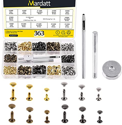 Mardatt 360 Sets Double Cap Rivets with Setting Tool Kit, 4 Colors 3 Sizes Leather Rivets Double Cap Rivet Tubular Metal Studs for DIY Leather Craft Repair and Decoration