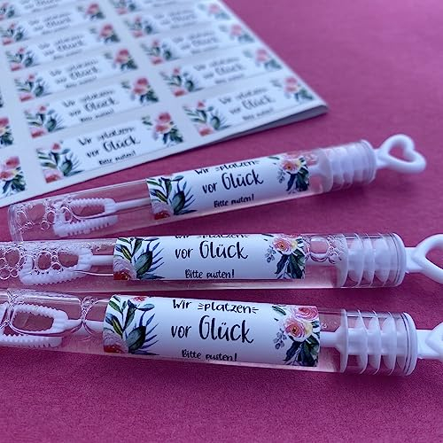 48 Stück Seifenblasen zur Hochzeitt Wedding-Bubbles WIR PLATZEN VOR GLÜCK Boho mit Blumen pink rosa weiß & grün Zubehör Trauung Gastgeschenke Tisch-Deko Hochzeits-Deko