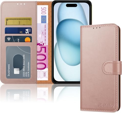 iCatchy for iPhone 15 Case 6.1 Inch, PU Leather Wallet Flip Case with Card Slots, RFID Blocking, Magnetic Closure, Stand, Full Body Protective Folio Cover (Rose Gold)