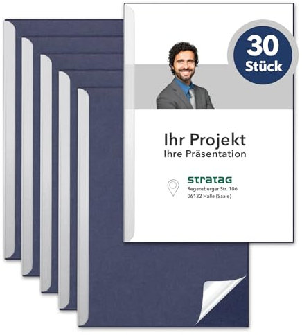 STRATAG Klemmschienen-Set (30 Stück) mit transparentem Deckel aus PP Kunststoff sowie Binderücken aus stabilem 375 g/m² Karton (Klemmmappe A4 Blau Marineblau)
