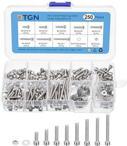 DTGN 250pz Kit di Bulloni e Dadi, #4-40 Assortimento di Viti, Acciaio Inossidabile 304#4-40x3/16,1/4,5/16,3/8,1/2,5/8,3/4,1 Set Bulloni per Viti a Testa Esagonale con Rondella