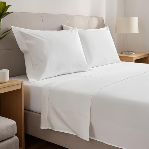 gobedreams Set Lenzuola Matrimoniale 4 Pezzi 135x190/200, Lenzuola in Microfibra di Poliestere Spazzolata. Lenzuolo Piatto, Lenzuolo con Angoli Regolabili e 2 federe. Colore Bianco