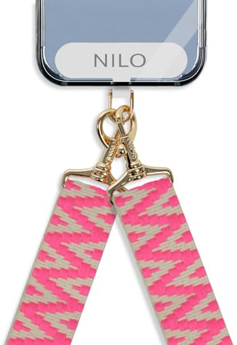 NILO® Set | Handykette Universal - schwarzer & weißer Handyhüllenadapter mit Band | Universaladapter Breite 6cm | Power Pink Pansy Handyband | Karabiner Gold