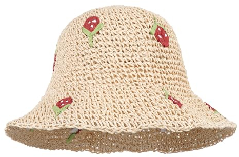 Meliyya Damen Papierstroh Sonnenhut Erdbeere Muster Strohhut Faltbarer Verstellbar Sommer Strandhut Breite Krempe Sommerhut, Beige