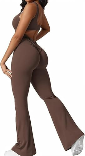 Haibang Jumpsuit Damen Flared Eng Scrunch Butt Bodysuit Lang Sport Ärmellos Overalls Sexy Rückenfrei Einteiler Yoga Onesie Playsuits Stretch Bodycon Sportanzug Romper Fitness Workout