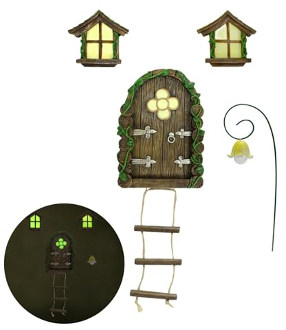 VEHICAR Enchanted Fairy Zwerg Tür & Fenster Miniaturen Haus, leuchtet im Dunkeln, 4 Stück Garten Hof Kunst Skulpturen für Outdoor Baumstamm Dekor