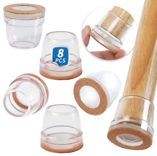 Ezprotekt Chair Leg Covers, 8 PCS 1.25 Transparent Silicone Chair Leg Floor Protectors with Wrapped Felt, Rubber Chair Leg Caps, Furniture Feet Protectors Pads, No Noise No Scratches
