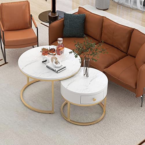 Merax Couchtisch Rund, Satztisch 2er Set, Moderne Beistelltisch Wohnzimmertisch Nesting Kaffeetisch mit Schublade, Gold Metallgestell, Marmormuster, Sofatische für Schlafzimmer Balkon Büro, Weiß