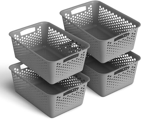 4 Stück Aufbewahrungskorb 10L mit Griffen - BPA-Frei - Organizer (37 x 26 x 17 cm/Anthrazit) - Körbchen für Bad Küche Schlafzimmer, Haushaltskorb