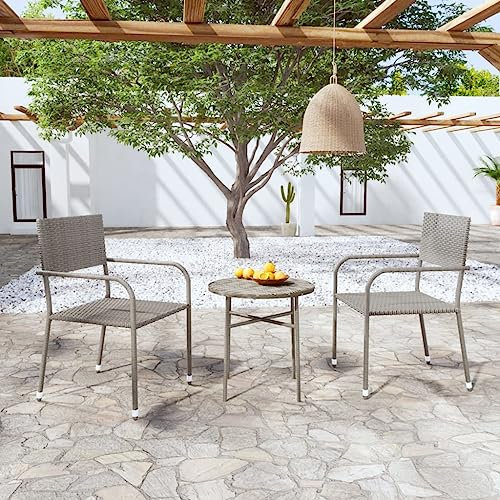 KATERYY 3-TLG. Garten-Essgruppe Poly Rattan Grau,Graue Polyrattan Gartenessgruppe mit Tisch und 2 Stapelstühlen für Balkon, Terrasse und Garten