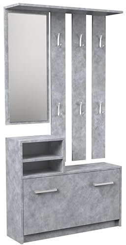 MartHome Garderobe Set Flur - Flurgarderoben Set Modern, Garderobe Set, Platzsparende Flurmöbel, Großem Spiegel und Kleiderhaken - Kleiderbügel für Kleidung und Mäntel (Beton)