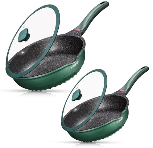 Non-Stick Frying Pan Set with Lids | Extra Deep Ceramic - 28cm & 30cm | Non-Toxic, Scratch-Resistant Frying Pans with Stainless Steel Induction Base | Non-Stick Frying Pan for Induction Hob (Green)
