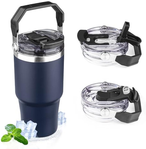 20oz Tumbler with Handle and Flip Straw Lid Double Wall Insulated Travel Coffee Mug Stainless Steel Vacuum Insulated Coffee Tumbler Cup for Hot and Cold Beverages Leak-proof&BPA-free (20oz,Navy blue)