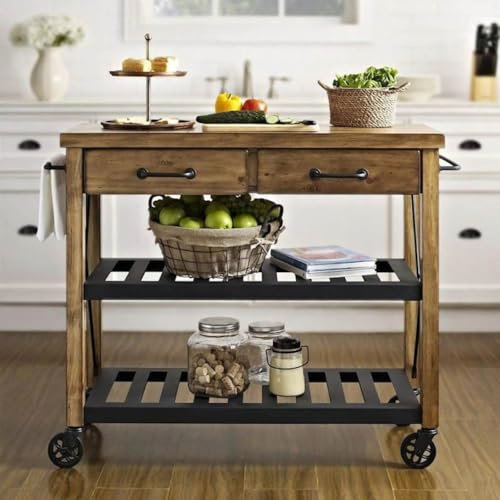 Farmhouse Kitchen Cart with Storage and Coffee Bar Industrial Style Microwave Stand Island on Wheels Brown Large