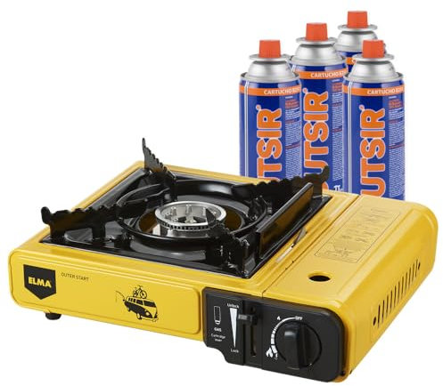 ELMA Camping Gas Portatil, Hornillo Camping Gas Dual Outer Start | Incluye Maletín y 4 Cartuchos de Gas, Regulador de Llama Variable, 2,3 Kw, Amarillo