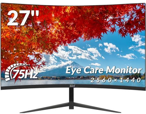 ZZA 27 Curved Monitor with 2K(2560 X 1440) 75Hz Resolution 27 Qhd Monitor with Hdmi, Dp and Wall Mount, Office Monitor for PC with Eye Protection 1440P Frameless for Work & Ju