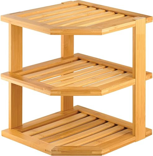 MantraRaj 3 Tier Bamboo Corner Shelf Rack Unit Kitchen Cupboard Storage Organiser Worktop Tidy Kitchen Plate Rack Space Saving Standing Storage Unit For Home, Living Room, Bathroom