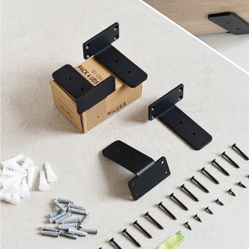 MILUKA Set di 4 Staffe per Mensole 10 cm | Staffe a L per Mensole Legno | Supporti Acciaio Resistente, 70 kg | Reggimensola Design Industriale Nero, Fissaggio Invisibile