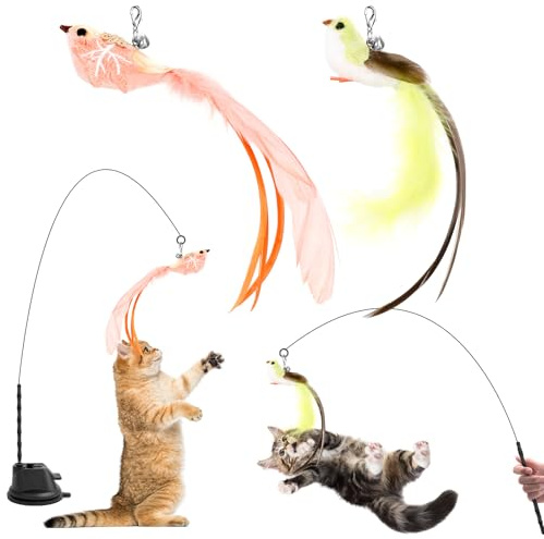 Cozary Jouet Chat Interactif, Interieur Jouets pour Chats avec Ventouse, 1 Canne a Peche Chat avec 2 Oiseaux à Clochettes, Jouets Intelligence Chats Baguette