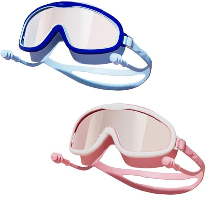 SSKHE Set di 2 occhiali da nuoto per bambini con silicone regolabile, occhiali da piscina, ampia vista, HD, anti-appannamento, protezione UV, senza perdite, occhiali da nuoto per ragazze e ragazzi dai