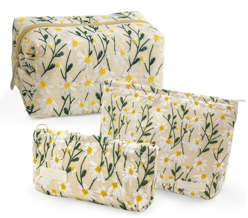 FloralGrace 3 Stück Gänseblümchen-Clutch für Damen, kleine Make-up-Tasche für Damen, Mädchen, Reise-Kulturbeutel, Make-up-Organizer und Zubehör