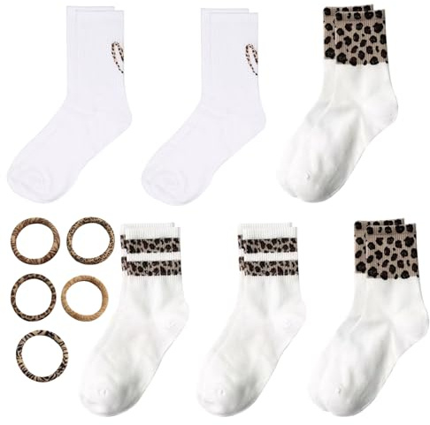 Pluvyze 6 Paar Leo Tennissocken Damen 39-42 Herz Gestreifte Leo Socken Leopardenmuster Socken Leoprint Sock-en Leoprint Socks Crew Sportsocken für Damen Männer Frauen mit 5 Leopardenmuster Haargummi