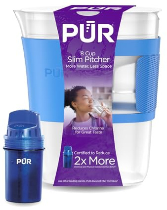 PUR Pichet de filtre à eau au design fin d'une capacité de 8 tasses avec 1 filtre, passe au lave-vaisselle, filtration plus rapide, pichet purificateur d'eau pour une eau plus propre, excellent goût