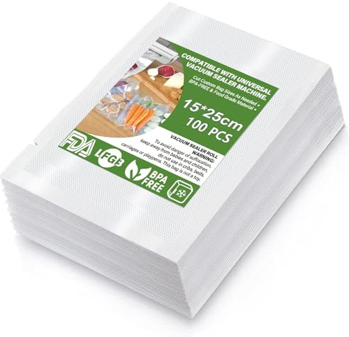 Sac Sous Vide Alimentaire,Sacs à Faire le Vide d'air Gaufrés Convient à Tous Machine Sous Vide,pour la Conservation des Aliments et la Cuisson,Sans BPA(100 Sachets,15 x 25cm)