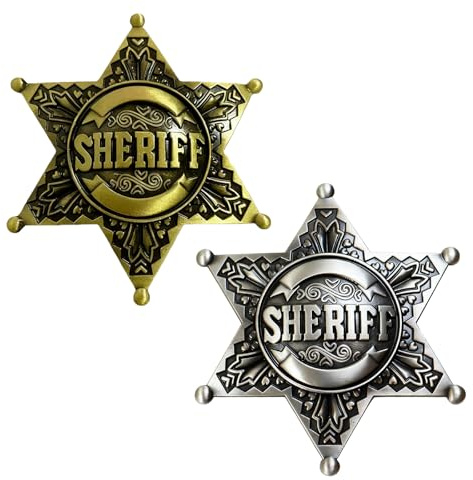 YUZHEDM 2 Stück Badge Pins Anstecker Broschen für Kleidung | Sheriff Stern Polizeibrosche Western, Sheriff Abzeichen aus Metall, Sternförmiger Alter Stil Prop Cowboy Party Abzeichen