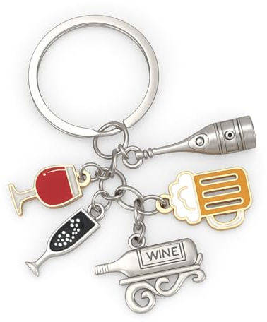 DONWOIE Wine Love's Keyring, Wine Keychain Bag Charms for Women | Cool Key Rings with Red Wines Glass, Champagne Flute, Beer Mug and 'WINE' Bottle Decorations Gifts for Drink Lovers