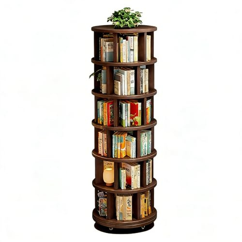 Dexinhdh Rundes, Drehbares Bücherregal Mit 6 Ebenen, Drehbarer Bücherturm Aus Holz Mit Rollen, Platzsparendes Bücherregal Mit Drehteller Für Schlafzimmer, Wohnzimmer, Büro(C)