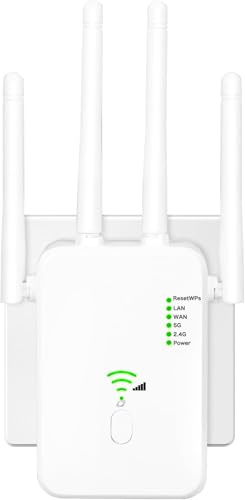 WLAN Repeater WLAN Verstärker 1200Mbit/s Dual-Band WiFi Booster mit Repeater/Router/Access Point Modus,4 Antennen,Einfache Einrichtung,WiFi Range Extender mit LAN/WAN Port