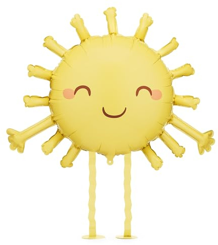 XXL Laufender Folienballon Sonne mit Smiley – 77x62 cm – Gelber Standballon mit 50cm Beinen – Sonnige Helium Dekoration für Kinderfest, Sommerparty & gute Laune