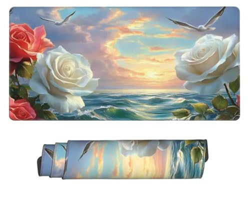 Tapis de Souris Rose Blanche 1000x500 mm XXL Tapis Souris Gaming Grand, Mouse Pad Mer sous Main Bureau Imperméable et Antidérapant pour PC, Ordinateur Portable, Gamer, Maison, Bureau -MP1106