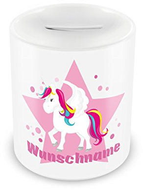 Samunshi® Kinder Spardose mit Namen und Großes Einhorn als Motiv für Kinder - Jungen und Mädchen Sparschwein 330ml weiß