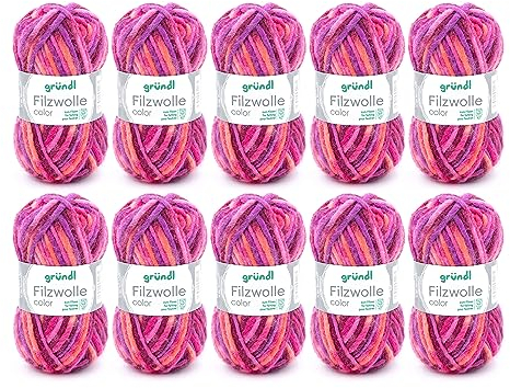 Gründl Colore Lana per infeltrire, (Certificato Oeko-Tex ®, 100% Lana Vergine per infeltrire, 50 g / 50 m, Dimensione dell'ago: 8-9, 10 gomitoli á 50 g), Arancione-Fucsia-Viola Multicolore