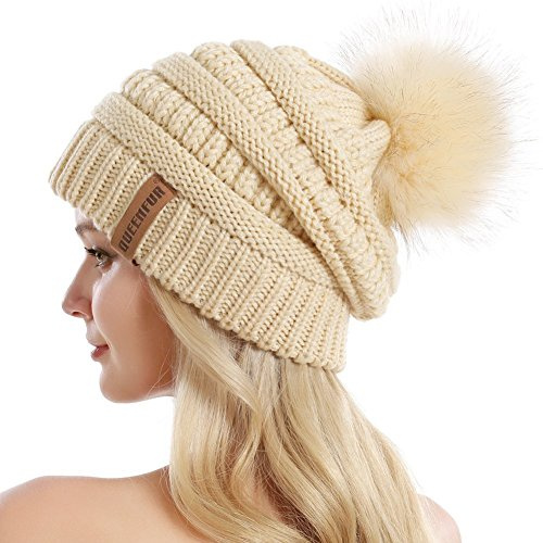 Queenfur Strickmütze für Damen, lässige Passform, Wollmütze mit Bommel aus Kunstfell, weiche und warme Skimütze für Winter, A1-beige, Large