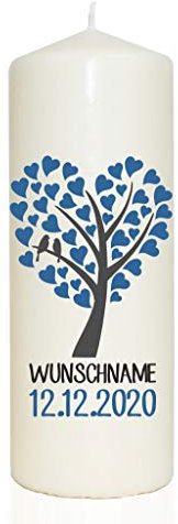 WB wohn trends Taufkerze mit Wunsch-Name und Datum, Junge Baum Herz blau, 29cm d10cm Spruch-Kerze Brenndauer ca 95 Std