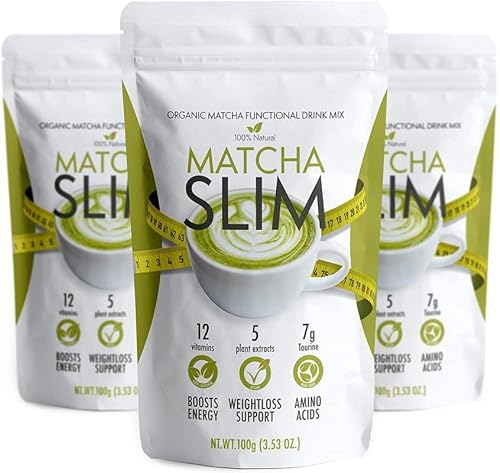 2+1 Matcha Slim Energy Drink Mix Powder Supplement with Taurine & Spirulina 100g – Natural, Sugar Free, Vitamin Rich Green Tea Diet Detox Fuel for Weight Loss Support & Metabolism Boost in Women, Men