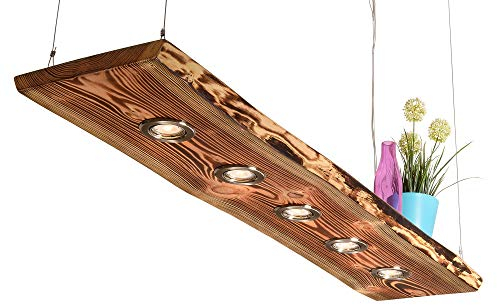 Blockholz-Schmiede Deckenlampe Holz geflammt für die Küche - Wohnzimmer vintage Hängelampe – Esszimmer Pendelleuchte – Deckenleuchte mit LED Beleuchtung (120cm 5 LEDs, 5w Warmweiß)