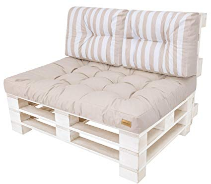 PillowPrim Palettenkissen Palettenauflagen Paletten Polster Auflagen Bedeckung Gartenkissen (Set (Sitzkissen 120x80 + Rückenlehne 2X 60x40), Ecru mit Streifen)