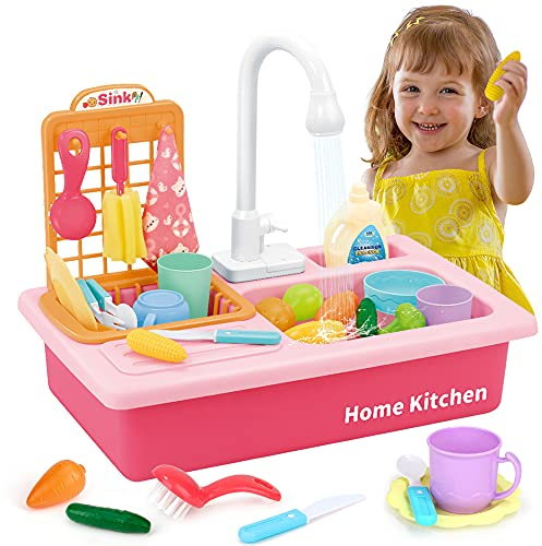 Mini Tudou Juego de Juguetes para el Fregadero,Juego de Fregadero con Agua Fluida,Lavavajillas Eléctrico,Utensilios de Cocina,Juego de rol,Juego de Accesorios de Cocina para Niños Pequeños,Niñas
