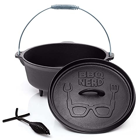 BBQ-Nerd Dutch Oven Starter 5,5L mit Füßen - bereits eingebrannt - preseasoned - Gusseisen Feuertopf, Bräter mit Deckel inkl. Deckelheber - Feuerfester Grill & Camping Kochtopf, Grilltopf