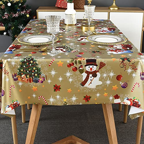 Plenmor Christmas Table Cloth Wipe Clean Christmas Tablecloth Xmas Gold PVC Plastic Wipeable Waterproof Rectangular Table Cover Decoration for Festive New Year Kitchen Picnic (137 x 215 cm)