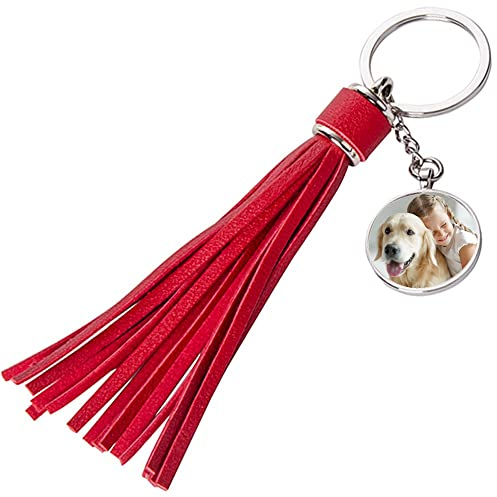 Porte Clef avec Long plumeau Rouge personnalisé Photo – Impression sur Le médaillon Rond de ce Porte-clés Original Femme – Grand Porte clé Personnalisable