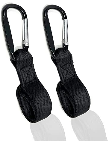 Pack of 2 Universal Large Buggy Clips Pram Pushchair Stroller Clips - Organizer for Hanging Purses, Shopping Bags, Clip Fits Single, Car Seats (Black - Buggy Clip with Strap)