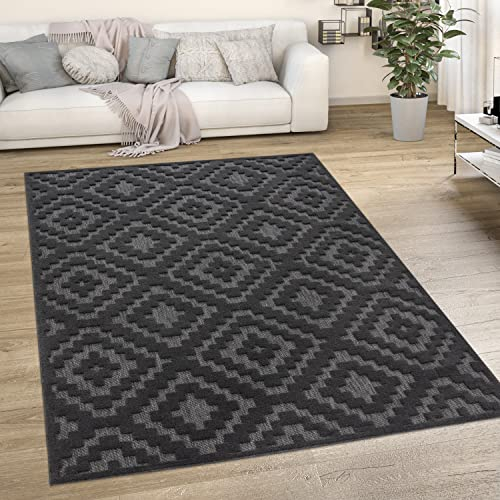 Paco Home Outdoor Teppich wetterfest & langlebig Moderne Boho-Designs mit 3D-Effekt Skandi-Look UV-beständig & robust für Balkon, Garten, Wohnzimmer & Küche, Grösse:120x160 cm, Farbe:Anthrazit 2